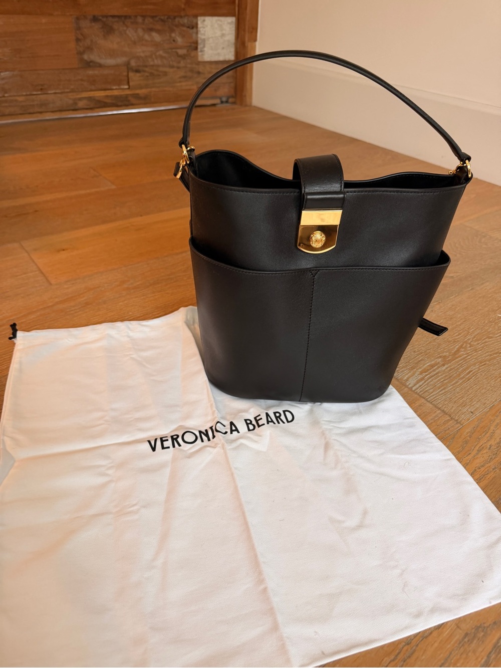 Veronica Beard Black Leather Shoulder Bucket Bag with Gold-Tone Hardware